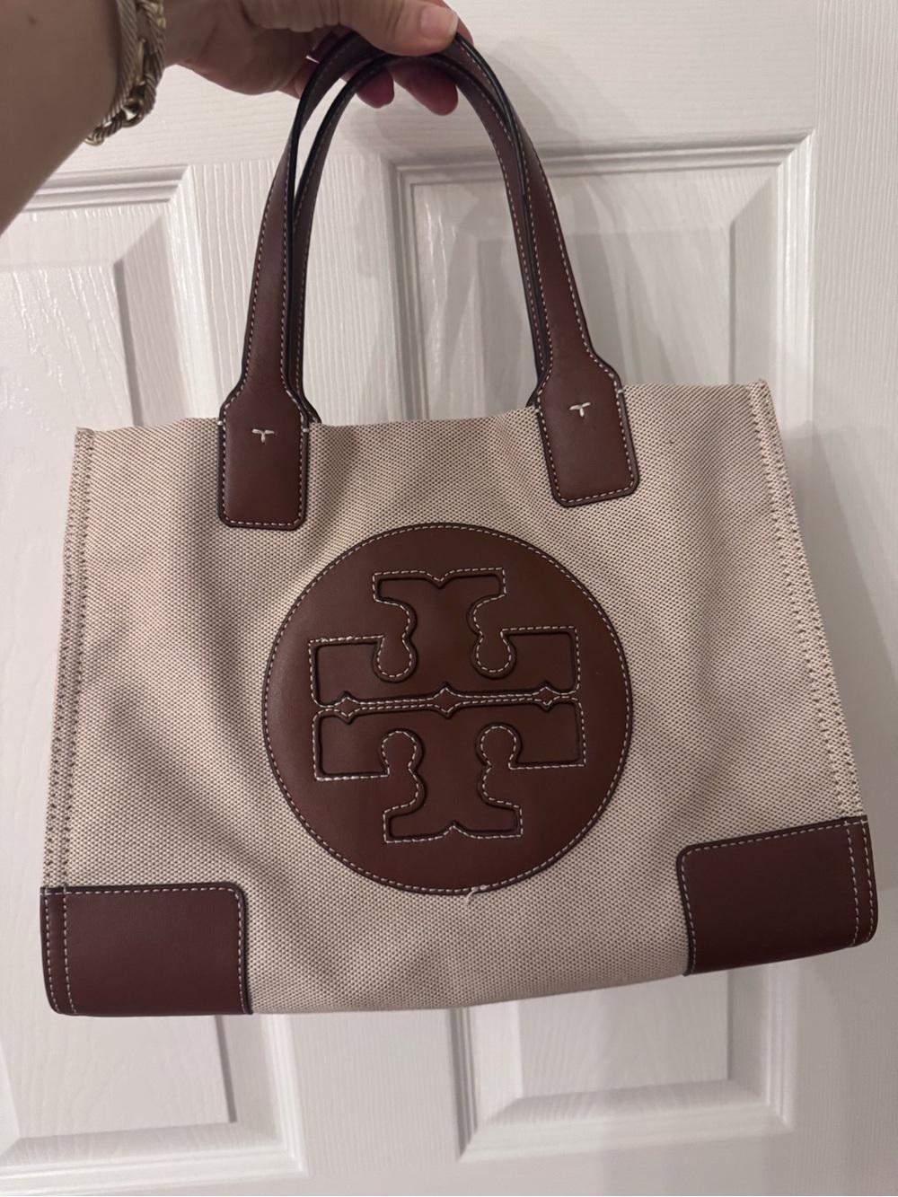Tory Burch Beige Canvas Tote with Brown Leather Trim - Picture 1 of 1